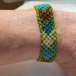 Woven Green Blue White Brown and Turquoise Beaded Bracelet